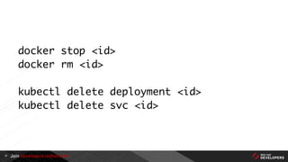 Join developers.redhat.com
docker stop <id>
docker rm <id>
kubectl delete deployment <id>
kubectl delete svc <id>
21