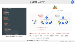 - 2022/05/11 Oracle Cloud Hangout Cafe - ©︎ 2022 NTT DATA Corporation
DEMO の設定
10 秒間隔でランダムに
Pod を落とす
❶ preStop
処理実装
❷ preStop
処理未実装
HTTP Request
apiVersion: apps/v1
kind: Deployment
metadata:
name: graceful
labels:
app: graceful
spec:
replicas: 3
selector:
matchLabels:
app: graceful
template:
metadata:
labels:
app: graceful
spec:
containers:
- name: graceful
lifecycle:
preStop:
exec:
command: ["sh", "-c", "sleep 3"]
preStop 処理を実装した Pod の Manifest
❶ preStop で 3 秒 sleep するため、ルーティング除外後に SIGTERM
❷ preStop がないため、SIGTERM 処理中にリクエストが来る可能性
=> リクエストエラーとなり得る
 