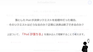 - 2022/05/11 Oracle Cloud Hangout Cafe - ©︎ 2022 NTT DATA Corporation
「突然」とは言わないまでも...
例えば、GKE Upgrade の際には、Pod を落とす 場合もあります。※ Upgrade 戦略による
Introdaction
Old New
❶ 新 Node 作成
❷ 新 Node に Pod 作成
❸ 旧 Node の Pod 落とす
❹ 旧 Node 削除
落とした Pod が決済リクエストを処理中だった場合、
そのリクエストはどうなるのか？正常に決済は終了できるのか？
上記ついて、「Pod が落ちる」を踏み込んで理解することで考えます。
 
