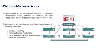 What are Microservices ?
 Microservices are an architectural approach to application
development where software is composed of small
independent services that communicate over well-defined APIs.
 Microservices are used in application development because of
following advantages:
1. Increased scalability.
2. Optimize business functionality.
3. Continuous delivery/continuous integration.
4. Language Independent.
 