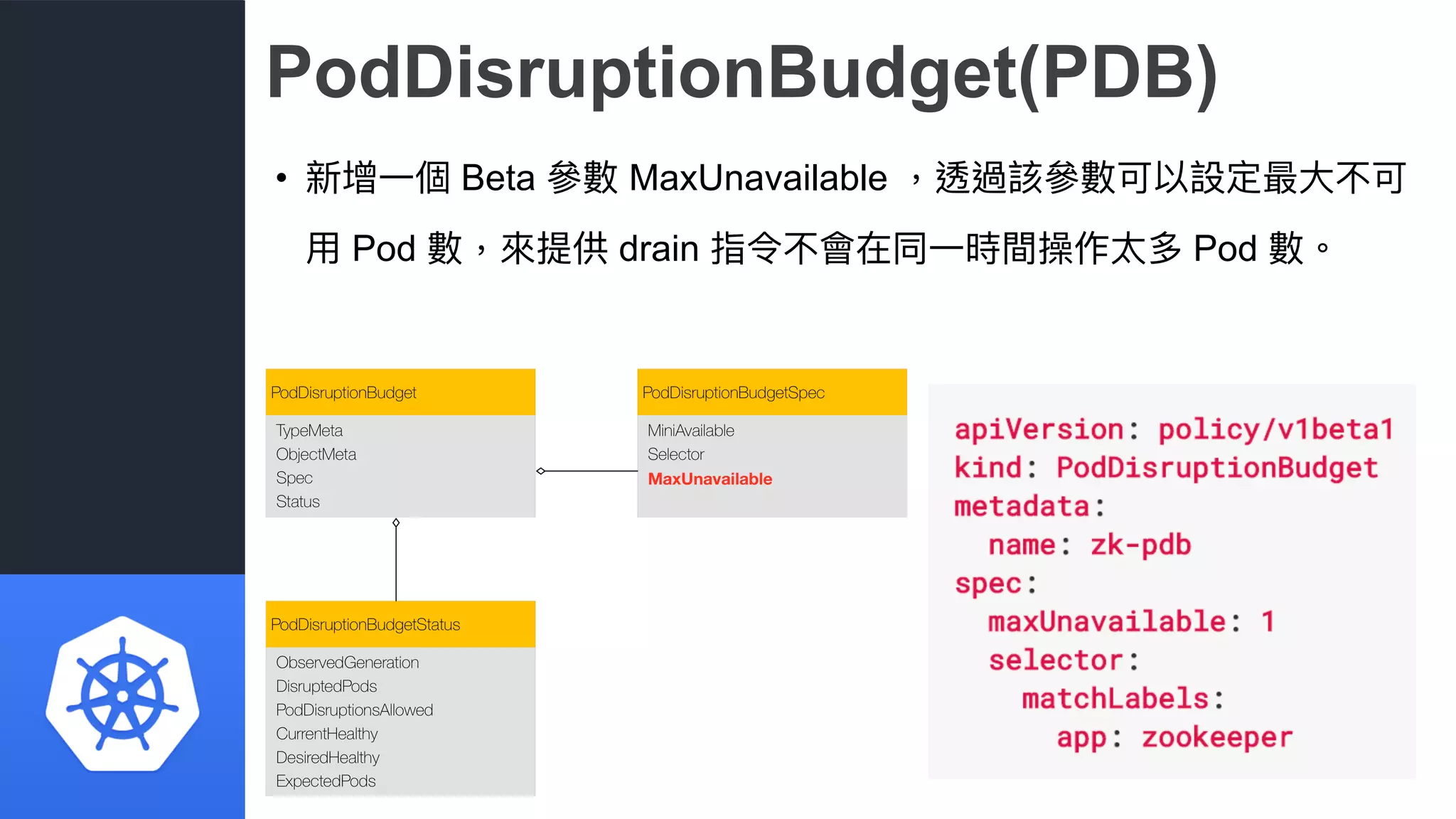 PodDisruptionBudget(PDB)
• 新增⼀一個 Beta 參參數 MaxUnavailable ，透過該參參數可以設定最⼤大不可
⽤用 Pod 數，來來提供 drain 指令不會在同⼀一時間操作太多 Pod 數。
 