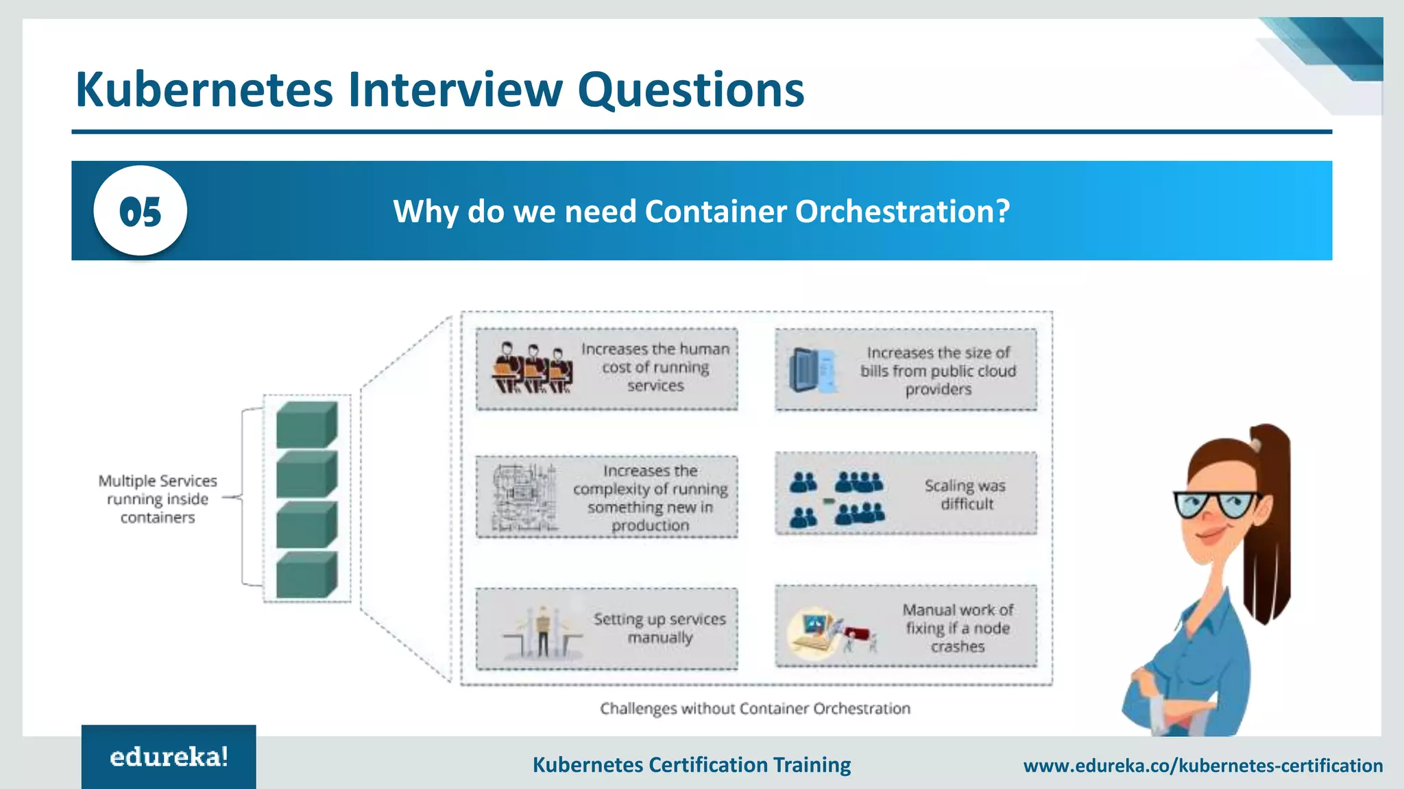 Kubernetes Certification Training www.edureka.co/kubernetes-certification Kubernetes Interview Questions Why do we need Container Orchestration?05 