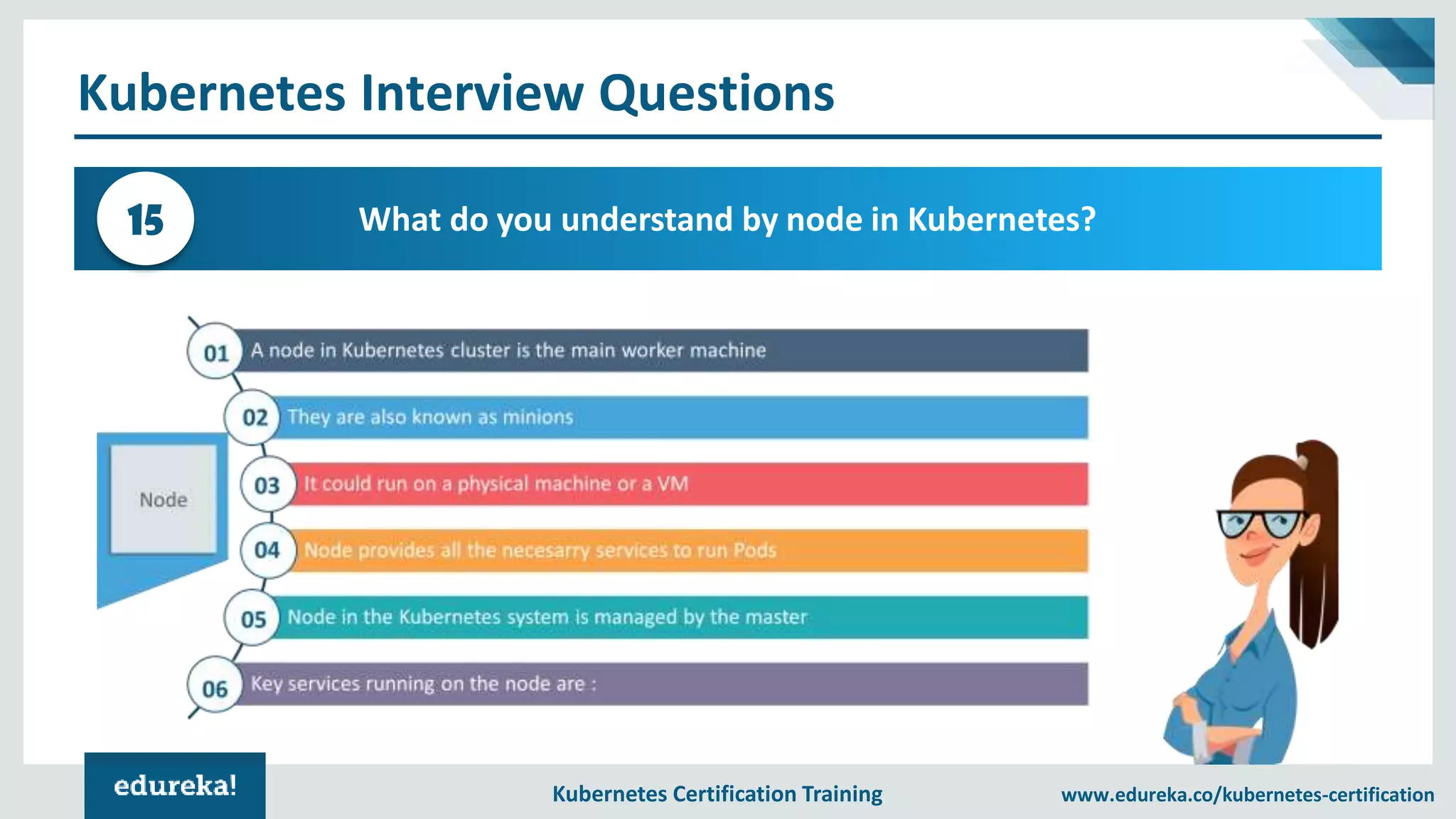 Kubernetes Certification Training www.edureka.co/kubernetes-certification Kubernetes Interview Questions What do you understand by node in Kubernetes?15 