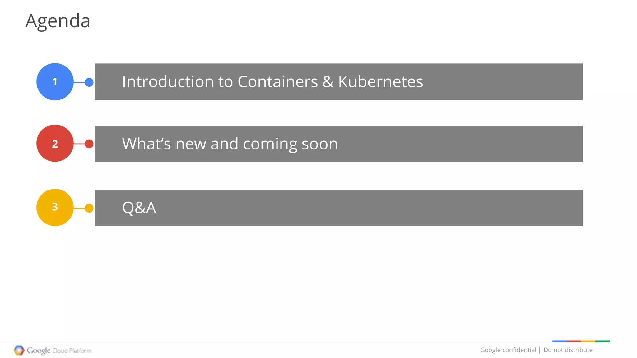 Google confidential │ Do not distribute
Agenda
Introduction to Containers & Kubernetes
What’s new and coming soon
Q&A
1
2
3
 