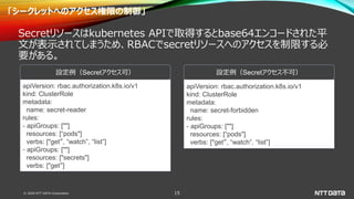 © 2020 NTT DATA Corporation 15
「シークレットへのアクセス権限の制御」
Secretリソースはkubernetes APIで取得するとbase64エンコードされた平
文が表示されてしまうため、RBACでsecretリソースへのアクセスを制限する必
要がある。
apiVersion: rbac.authorization.k8s.io/v1
kind: ClusterRole
metadata:
name: secret-reader
rules:
- apiGroups: [""]
resources: [“pods"]
verbs: ["get”, “watch”, “list”]
- apiGroups: [""]
resources: ["secrets"]
verbs: ["get”]
設定例（Secretアクセス可）
apiVersion: rbac.authorization.k8s.io/v1
kind: ClusterRole
metadata:
name: secret-forbidden
rules:
- apiGroups: [""]
resources: [“pods"]
verbs: ["get”, “watch”, “list”]
設定例（Secretアクセス不可）
 