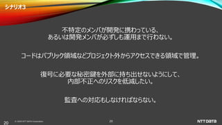 © 2020 NTT DATA Corporation 20
シナリオ3
不特定のメンバが開発に携わっている、
あるいは開発メンバが必ずしも運用まで行わない。
コードはパブリック領域などプロジェクト外からアクセスできる領域で管理。
復号に必要な秘密鍵を外部に持ち出せないようにして、
内部不正へのリスクを低減したい。
監査への対応もしなければならない。
20
 
