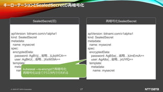 © 2020 NTT DATA Corporation 27
キーローテーションとSealedSecretの再暗号化
apiVersion: bitnami.com/v1alpha1
kind: SealedSecret
metadata:
name: mysecret
spec:
encryptedData:
password: AgBSe(...省略...)UmEmiA==
user: AgA8o(...省略...)rUYfQ==
template:
metadata:
name: mysecret
再暗号化SealedSecret
apiVersion: bitnami.com/v1alpha1
kind: SealedSecret
metadata:
name: mysecret
spec:
encryptedData:
password: AgBVj(...省略...)LjIqWCA==
user: AgBkU(...省略...)XsW09A==
template:
metadata:
name: mysecret
SealedSecret(旧)
kubeseal --re-encryptで再暗号化
再暗号化は全てクラスタ内で行われる
 