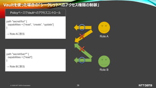 © 2020 NTT DATA Corporation 38
Vaultを使った場合の「シークレットへのアクセス権限の制御」
path "secret/foo" {
capabilities = [“read”, “create”, “update”]
}
→ Role Aに割当
PolicyベースでVaultへのアクセスコントロール
path "secret/bar/*" {
capabilities = ["read"]
}
→ Role Bに割当
Role A
Role B
 