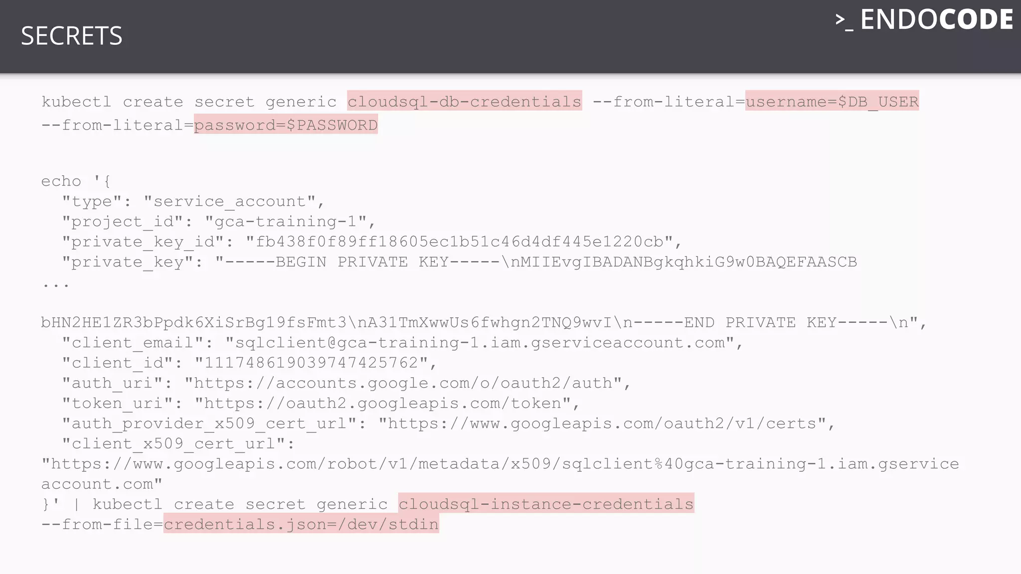 SECRETS
kubectl create secret generic cloudsql-db-credentials --from-literal=username=$DB_USER
--from-literal=password=$PASSWORD
echo '{
"type": "service_account",
"project_id": "gca-training-1",
"private_key_id": "fb438f0f89ff18605ec1b51c46d4df445e1220cb",
"private_key": "-----BEGIN PRIVATE KEY-----nMIIEvgIBADANBgkqhkiG9w0BAQEFAASCB
...
bHN2HE1ZR3bPpdk6XiSrBg19fsFmt3nA31TmXwwUs6fwhgn2TNQ9wvIn-----END PRIVATE KEY-----n",
"client_email": "sqlclient@gca-training-1.iam.gserviceaccount.com",
"client_id": "111748619039747425762",
"auth_uri": "https://accounts.google.com/o/oauth2/auth",
"token_uri": "https://oauth2.googleapis.com/token",
"auth_provider_x509_cert_url": "https://www.googleapis.com/oauth2/v1/certs",
"client_x509_cert_url":
"https://www.googleapis.com/robot/v1/metadata/x509/sqlclient%40gca-training-1.iam.gservice
account.com"
}' | kubectl create secret generic cloudsql-instance-credentials
--from-file=credentials.json=/dev/stdin
 
