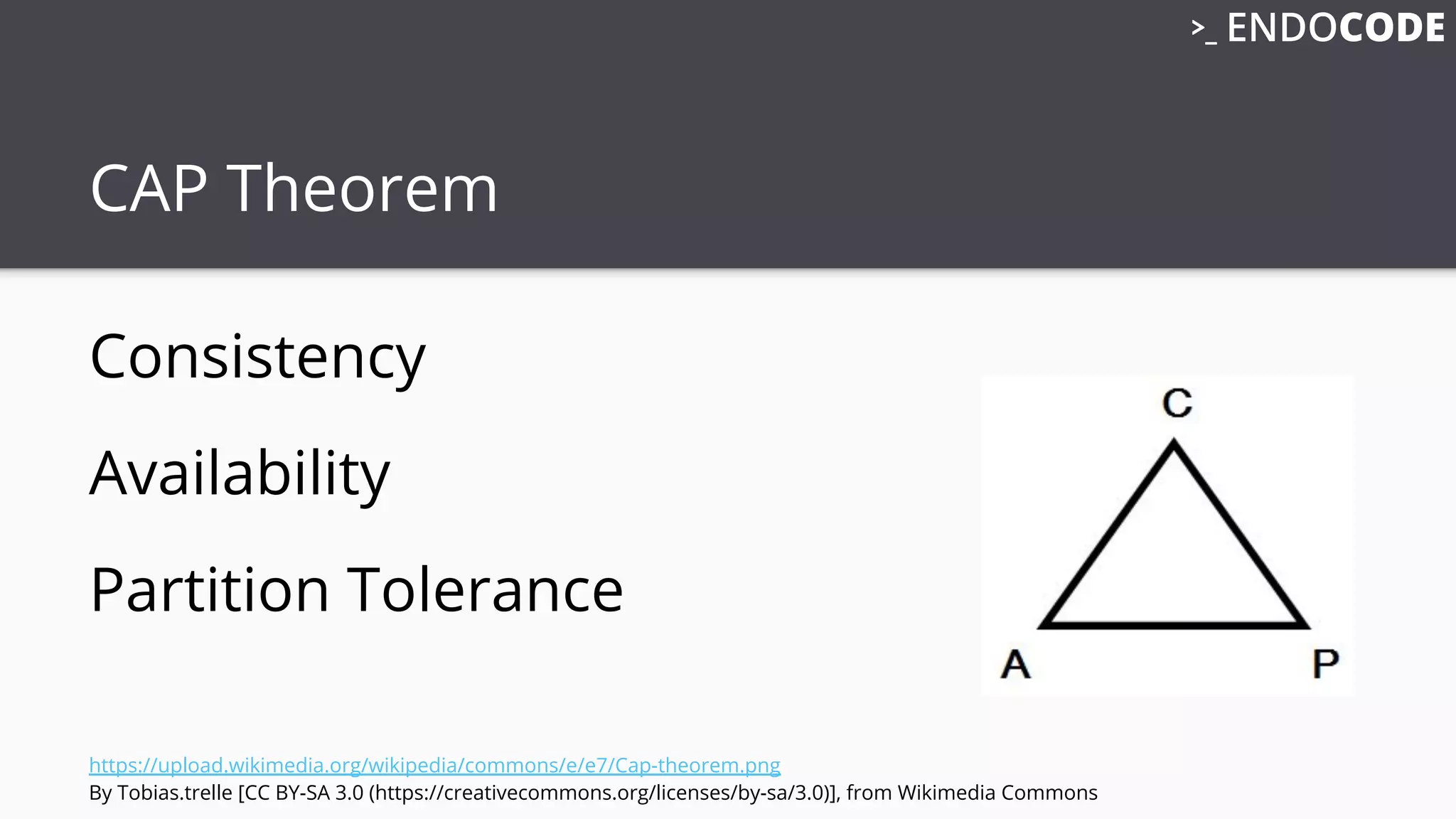 CAP Theorem
Consistency
Availability
Partition Tolerance
https://upload.wikimedia.org/wikipedia/commons/e/e7/Cap-theorem.png
By Tobias.trelle [CC BY-SA 3.0 (https://creativecommons.org/licenses/by-sa/3.0)], from Wikimedia Commons
 