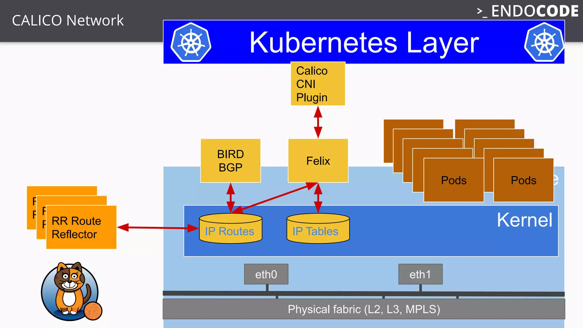 Compute Node
Kubernetes Layer
Calico
CNI
Plugin
KernelIP TablesIP Routes
RR Route
Reflector
BIRD
BGP
Felix
RR Route
ReflectorRR Route
Reflector
eth0 eth1
Physical fabric (L2, L3, MPLS)
Pods
Pods
Pods
Pods
Pods
Pods
Pods
Pods
Pods
Pods
CALICO Network
 