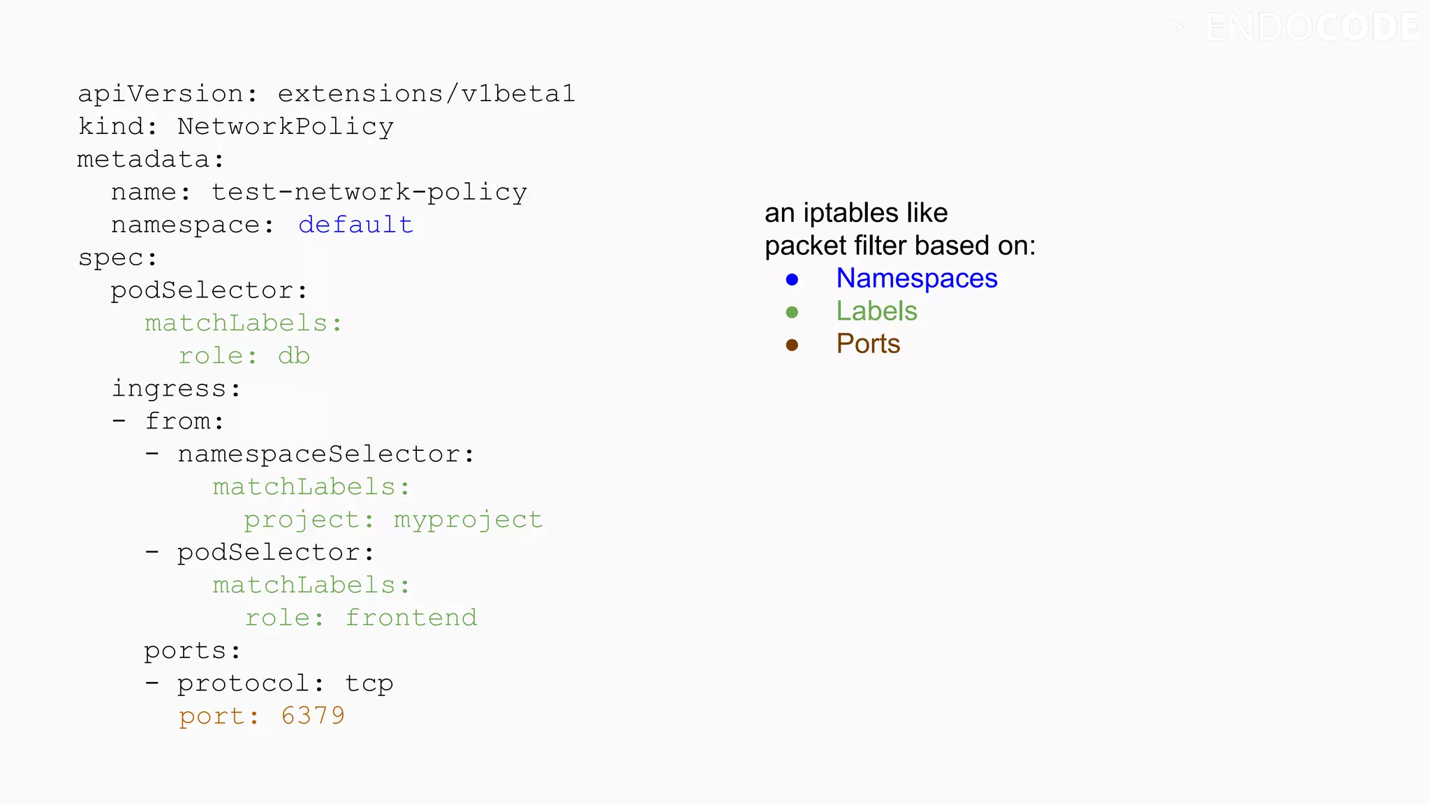 apiVersion: extensions/v1beta1
kind: NetworkPolicy
metadata:
name: test-network-policy
namespace: default
spec:
podSelector:
matchLabels:
role: db
ingress:
- from:
- namespaceSelector:
matchLabels:
project: myproject
- podSelector:
matchLabels:
role: frontend
ports:
- protocol: tcp
port: 6379
an iptables like
packet filter based on:
● Namespaces
● Labels
● Ports
 