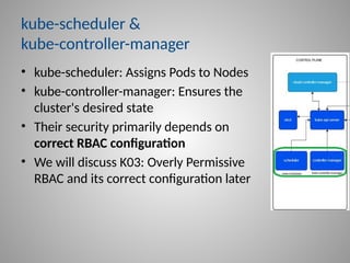kube-scheduler &
kube-controller-manager
• kube-scheduler: Assigns Pods to Nodes
• kube-controller-manager: Ensures the
cluster's desired state
• Their security primarily depends on
correct RBAC configuration
• We will discuss K03: Overly Permissive
RBAC and its correct configuration later
 