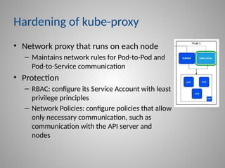 Hardening of kube-proxy
• Network proxy that runs on each node
– Maintains network rules for Pod-to-Pod and
Pod-to-Service communication
• Protection
– RBAC: configure its Service Account with least
privilege principles
– Network Policies: configure policies that allow
only necessary communication, such as
communication with the API server and
nodes
 