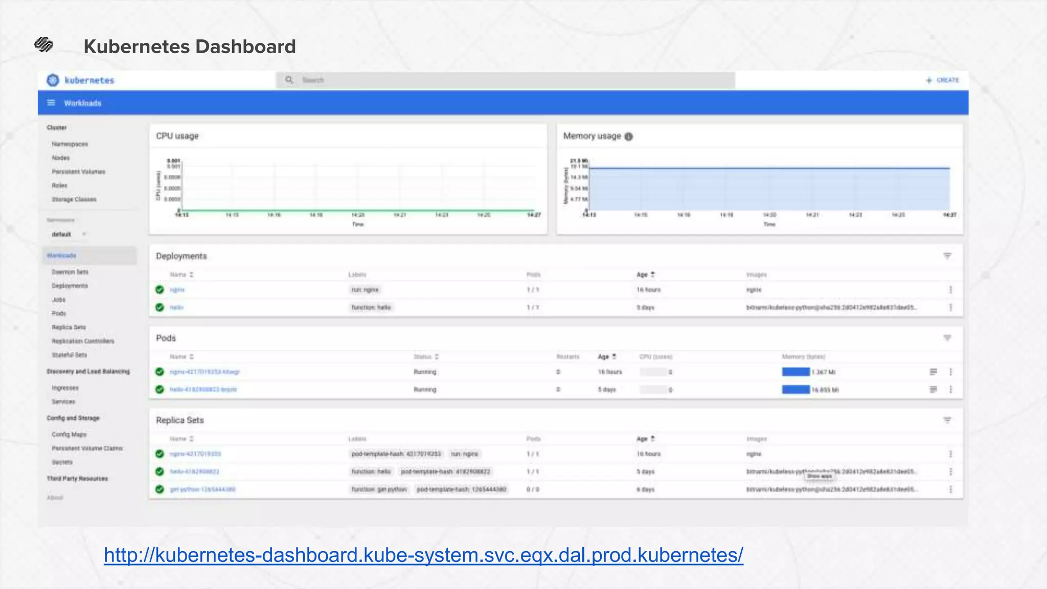 Kubernetes Dashboard
http://kubernetes-dashboard.kube-system.svc.eqx.dal.prod.kubernetes/
 