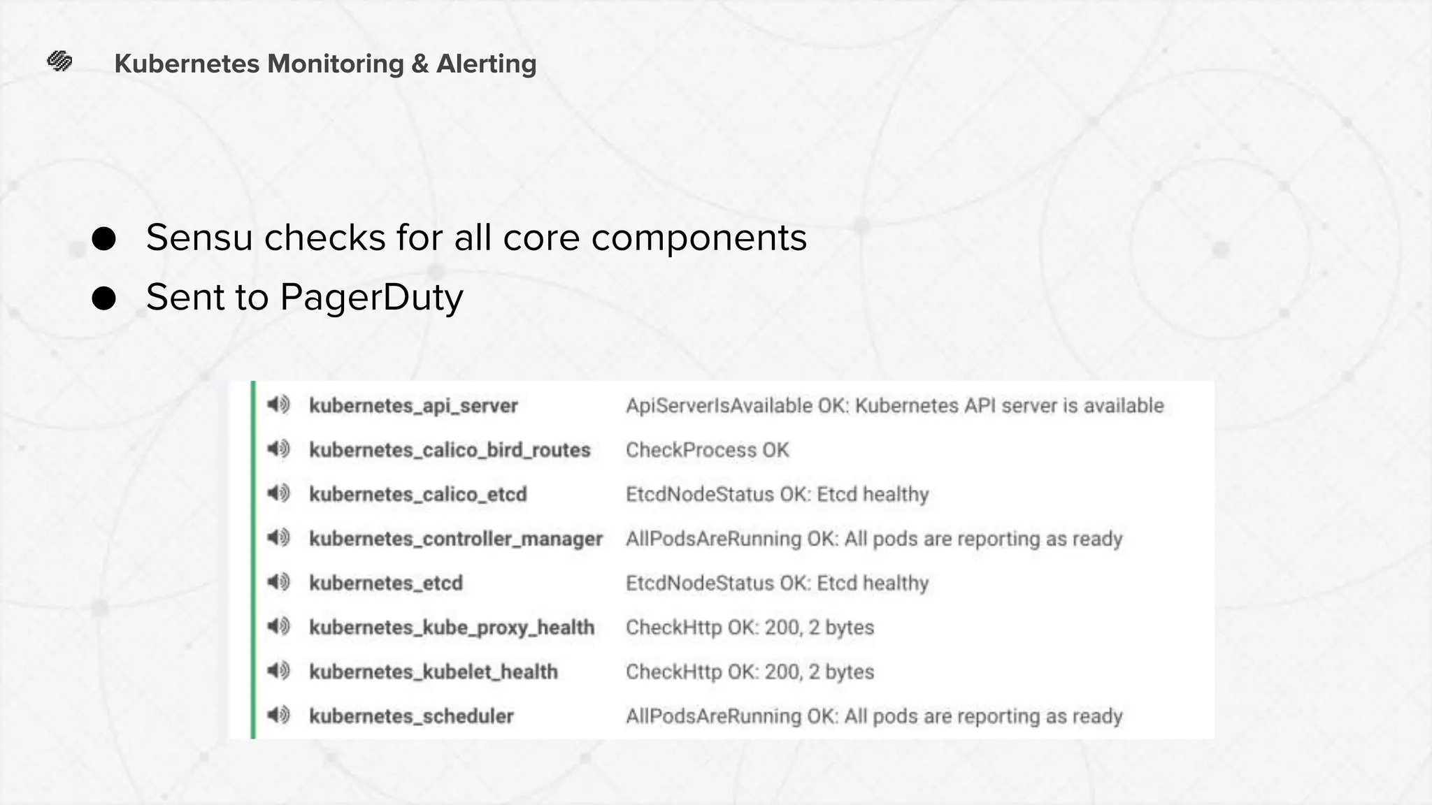 Kubernetes Monitoring & Alerting
● Sensu checks for all core components
● Sent to PagerDuty
 