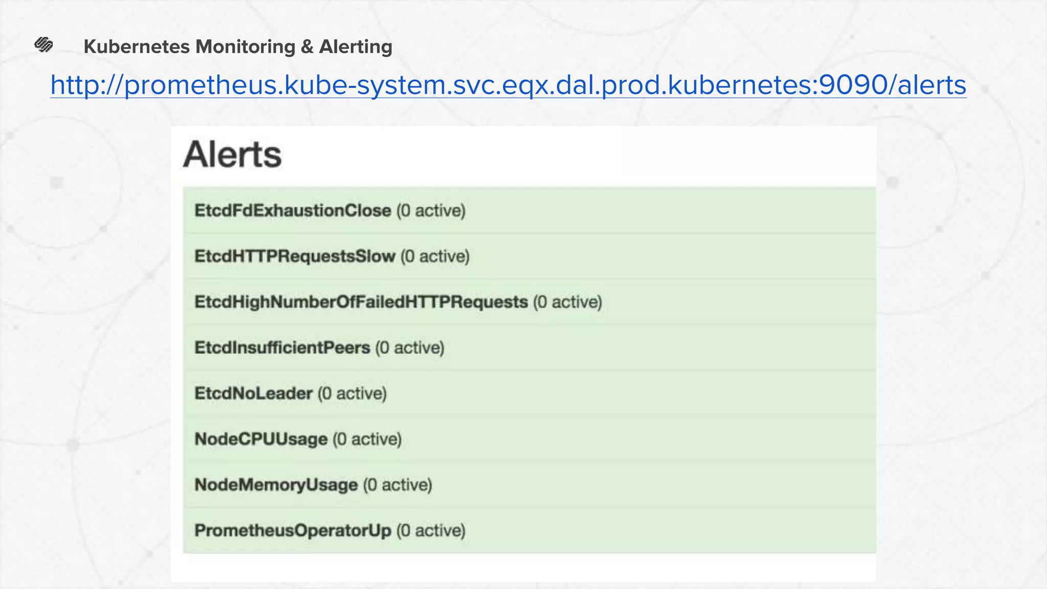 Kubernetes Monitoring & Alerting
http://prometheus.kube-system.svc.eqx.dal.prod.kubernetes:9090/alerts
 