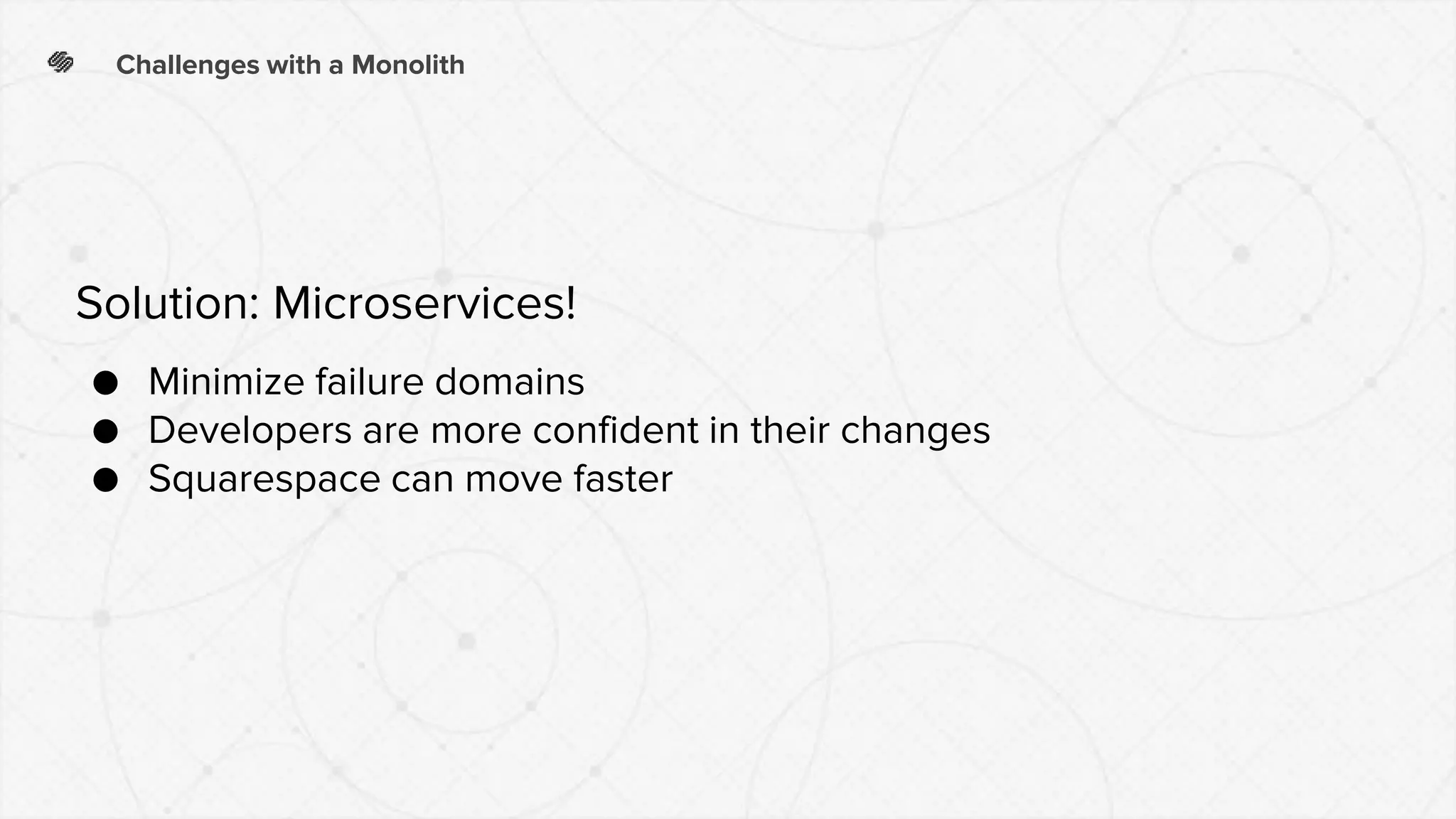 Challenges with a Monolith
● Minimize failure domains
● Developers are more confident in their changes
● Squarespace can move faster
Solution: Microservices!
 