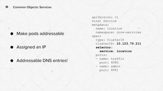 Common Objects: Services
● Make pods addressable
● Assigned an IP
● Addressable DNS entries!
apiVersion: v1
kind: Service
metadata:
name: location
namespace: core-services
spec:
type: ClusterIP
clusterIP: 10.123.79.211
selector:
service: location
ports:
- name: traffic
port: 8080
- name: admin
port: 8081
 