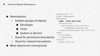Common Objects: Namespaces
● Namespaces
○ Isolates groups of objects
■ Developer
■ Team
■ System or Service
○ Good for permission boundaries
○ Good for network boundaries
● Most objects are namespaced
apiVersion: v1
kind: Namespace
metadata:
name: core-services
annotations:
squarespace.net/contact: |
team@squarespace.com
creationTimestamp: 2017-06-14T..
spec:
finalizers:
- kubernetes
status:
phase: Active
 