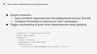 Future Work: Updating Common Dependencies
● Custom Initializers
○ Inject container dependencies into deployments (consul, fluentd)
○ Configure Prometheus instances for each namespace
● Trigger rescheduling of pods when dependencies need updating
apiVersion: extensions/v1beta1
kind: Deployment
metadata:
name: location
namespace: core-services
annotations:
initializer.squarespace.net/consul: "true"
 