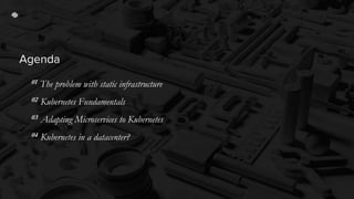 Agenda
01 The problem with static infrastructure
02 Kubernetes Fundamentals
03 Adapting Microservices to Kubernetes
04 Kubernetes in a datacenter?
 