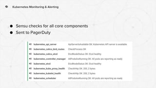 Kubernetes Monitoring & Alerting
● Sensu checks for all core components
● Sent to PagerDuty
 