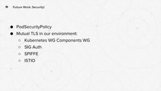 Future Work: Security!
● PodSecurityPolicy
● Mutual TLS in our environment:
○ Kubernetes WG Components WG
○ SIG Auth
○ SPIFFE
○ ISTIO
 