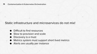 Containerization & Kubernetes Orchestration
● Difficult to find resources
● Slow to provision and scale
● Discovery is a must
● Metrics system must support short lived metrics
● Alerts are usually per instance
Static infrastructure and microservices do not mix!
 