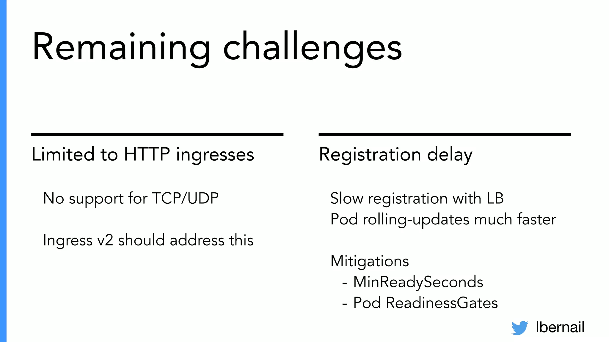 lbernail
Limited to HTTP ingresses
No support for TCP/UDP
Ingress v2 should address this
Remaining challenges
Registration delay
Slow registration with LB
Pod rolling-updates much faster
Mitigations
- MinReadySeconds
- Pod ReadinessGates
 