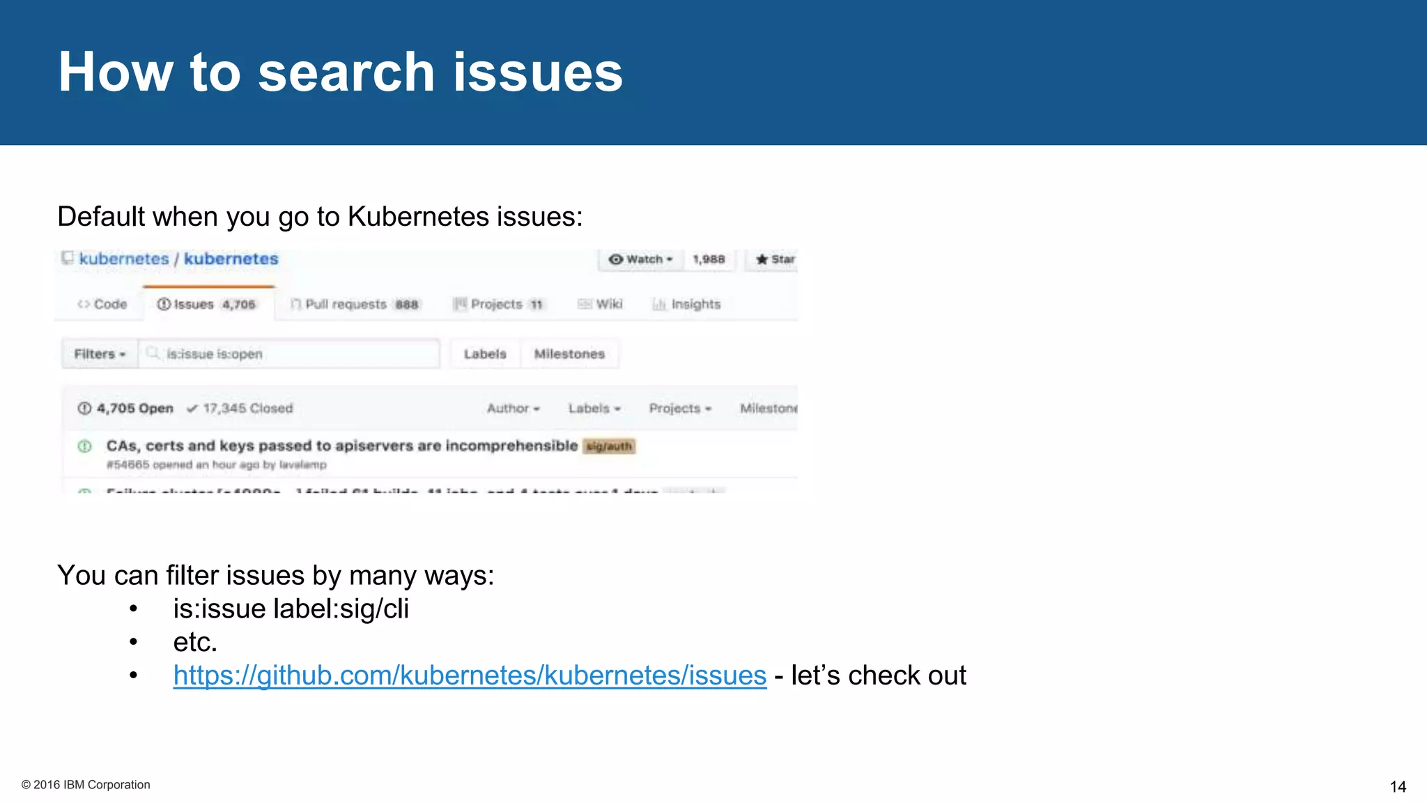 © 2016 IBM Corporation© 2016 IBM Corporation
How to search issues
14
Default when you go to Kubernetes issues:
You can filter issues by many ways:
• is:issue label:sig/cli
• etc.
• https://github.com/kubernetes/kubernetes/issues - let’s check out
 