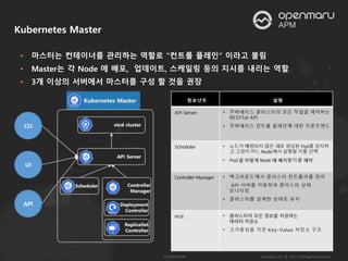 • 마스터는 컨테이너를 관리하는 역할로 "컨트롤 플레인“ 이라고 불림
• Master는 각 Node 에 배포, 업데이트, 스케일링 등의 지시를 내리는 역할
• 3개 이상의 서버에서 마스터를 구성 할 것을 권장
Kubernetes Master
 