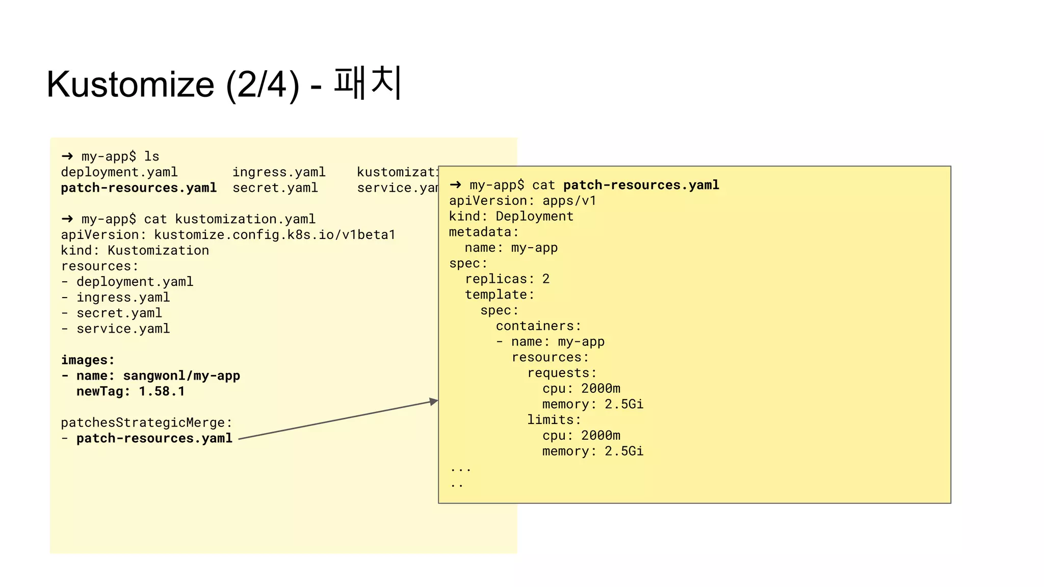 Kustomize (2/4) - 패치
➜ my-app$ ls
deployment.yaml ingress.yaml kustomization.yaml
patch-resources.yaml secret.yaml service.yaml
➜ my-app$ cat kustomization.yaml
apiVersion: kustomize.config.k8s.io/v1beta1
kind: Kustomization
resources:
- deployment.yaml
- ingress.yaml
- secret.yaml
- service.yaml
images:
- name: sangwonl/my-app
newTag: 1.58.1
patchesStrategicMerge:
- patch-resources.yaml
➜ my-app$ cat patch-resources.yaml
apiVersion: apps/v1
kind: Deployment
metadata:
name: my-app
spec:
replicas: 2
template:
spec:
containers:
- name: my-app
resources:
requests:
cpu: 2000m
memory: 2.5Gi
limits:
cpu: 2000m
memory: 2.5Gi
...
..
 