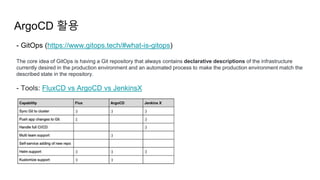 ArgoCD 활용
- GitOps (https://www.gitops.tech/#what-is-gitops)
The core idea of GitOps is having a Git repository that always contains declarative descriptions of the infrastructure
currently desired in the production environment and an automated process to make the production environment match the
described state in the repository.
- Tools: FluxCD vs ArgoCD vs JenkinsX
 
