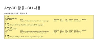 ArgoCD 활용 - CLI 사용
- Git 리파지토리 조회 / 추가 / 삭제
# 조회
$ argocd repo list
TYPE NAME REPO INSECURE OCI LFS CREDS STATUS MESSAGE
git https://github.com/sangwonl/kube-recipes.git false false false true Successful
# 추가
$ argocd repo add https://github.com/sangwonl/k8s-apps.git
# 다시 조회
$ argocd repo list
TYPE NAME REPO INSECURE OCI LFS CREDS STATUS MESSAGE
git https://github.com/sangwonl/kube-recipes.git false false false true Successful
git https://github.com/sangwonl/k8s-apps.git false false false true Successful
# 삭제
$ argocd repo rm https://github.com/sangwonl/k8s-apps.git
 