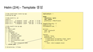 Helm (2/4) - Template 생성
➜ k8s-test$ helm create my-app
Creating my-app
➜ k8s-test$ ls -al
total 0
drwxr-xr-x 3 sangwonl staff 96 Apr 1 17:35 .
drwxr-xr-x 103 sangwonl staff 3296 Apr 1 17:35 ..
drwxr-xr-x 7 sangwonl staff 224 Apr 1 17:35 my-app
➜ k8s-test$ tree my-app
my-app
├── Chart.yaml
├── charts
├── templates
│ ├── NOTES.txt
│ ├── _helpers.tpl
│ ├── deployment.yaml
│ ├── ingress.yaml
│ ├── service.yaml
│ ├── serviceaccount.yaml
│ └── tests
│ └── test-connection.yaml
└── values.yaml
3 directories, 9 files
replicaCount: 1
image:
repository: nginx
tag: stable
pullPolicy: IfNotPresent
imagePullSecrets: []
nameOverride: ""
fullnameOverride: ""
service:
type: ClusterIP
port: 80
ingress:
enabled: false
annotations: {}
# kubernetes.io/ingress.class: nginx
# kubernetes.io/tls-acme: "true"
hosts:
- host: chart-example.local
...
..
 