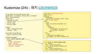 ➜ my-app$ cat patch-ingress.yaml
- op: replace
path: /spec/rules/0/host
value: my-app-sandbox.example.com
- op: replace
path: /spec/tls/0/hosts/0
value: my-app-sandbox.example.com
Kustomize (2/4) - 패치 (JSON6902)
➜ my-app$ cat kustomization.yaml
apiVersion: kustomize.config.k8s.io/v1beta1
kind: Kustomization
resources:
- deployment.yaml
- ingress.yaml
- secret.yaml
- service.yaml
images:
- name: sangwonl/my-app
newTag: 1.58.1
patchesStrategicMerge:
- patch-resources.yaml
patchesJson6902:
- path: patch-ingress.yaml
target:
group: extensions
kind: Ingress
name: my-app-ingress
version: v1beta1
apiVersion: extensions/v1beta1
kind: Ingress
metadata:
annotations:
kubernetes.io/ingress.class: nginx
name: my-app-ingress
spec:
rules:
- host: plz-patch-me.example.com
http:
paths:
- backend:
serviceName: my-app-service
servicePort: http-port
path: /
tls:
- hosts:
- plz-patch-me.example.com
secretName: tls-secret-example-com
 