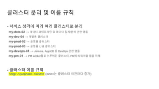 - 서비스 성격에 따라 여러 클러스터로 분리
my-data-02 → 데이터 파이프라인 및 데이터 집계/분석 관련 앱들
my-dev-04 → 개발용 클러스터
my-prod-02 → 운영용 클러스터
my-prod-03 → 운영용 신규 클러스터
my-devops-01 → Jenkins, ArgoCD 등 DevOps 관련 앱들
my-pm-01 → PM worker들로 이루어진 클러스터, PM에 띄워야할 앱을 위해
- 클러스터 이름 규칙
<org>-<purpose>-<index> (index는 클러스터 이전마다 증가)
클러스터 분리 및 이름 규칙
 