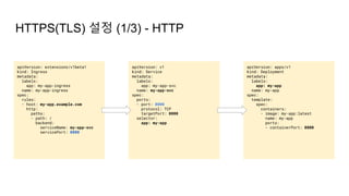 HTTPS(TLS) 설정 (1/3) - HTTP
apiVersion: v1
kind: Service
metadata:
labels:
app: my-app-svc
name: my-app-svc
spec:
ports:
- port: 8000
protocol: TCP
targetPort: 8000
selector:
app: my-app
apiVersion: apps/v1
kind: Deployment
metadata:
labels:
app: my-app
name: my-app
spec:
template:
spec:
containers:
- image: my-app:latest
name: my-app
ports:
- containerPort: 8000
apiVersion: extensions/v1beta1
kind: Ingress
metadata:
labels:
app: my-app-ingress
name: my-app-ingress
spec:
rules:
- host: my-app.example.com
http:
paths:
- path: /
backend:
serviceName: my-app-svc
servicePort: 8000
 