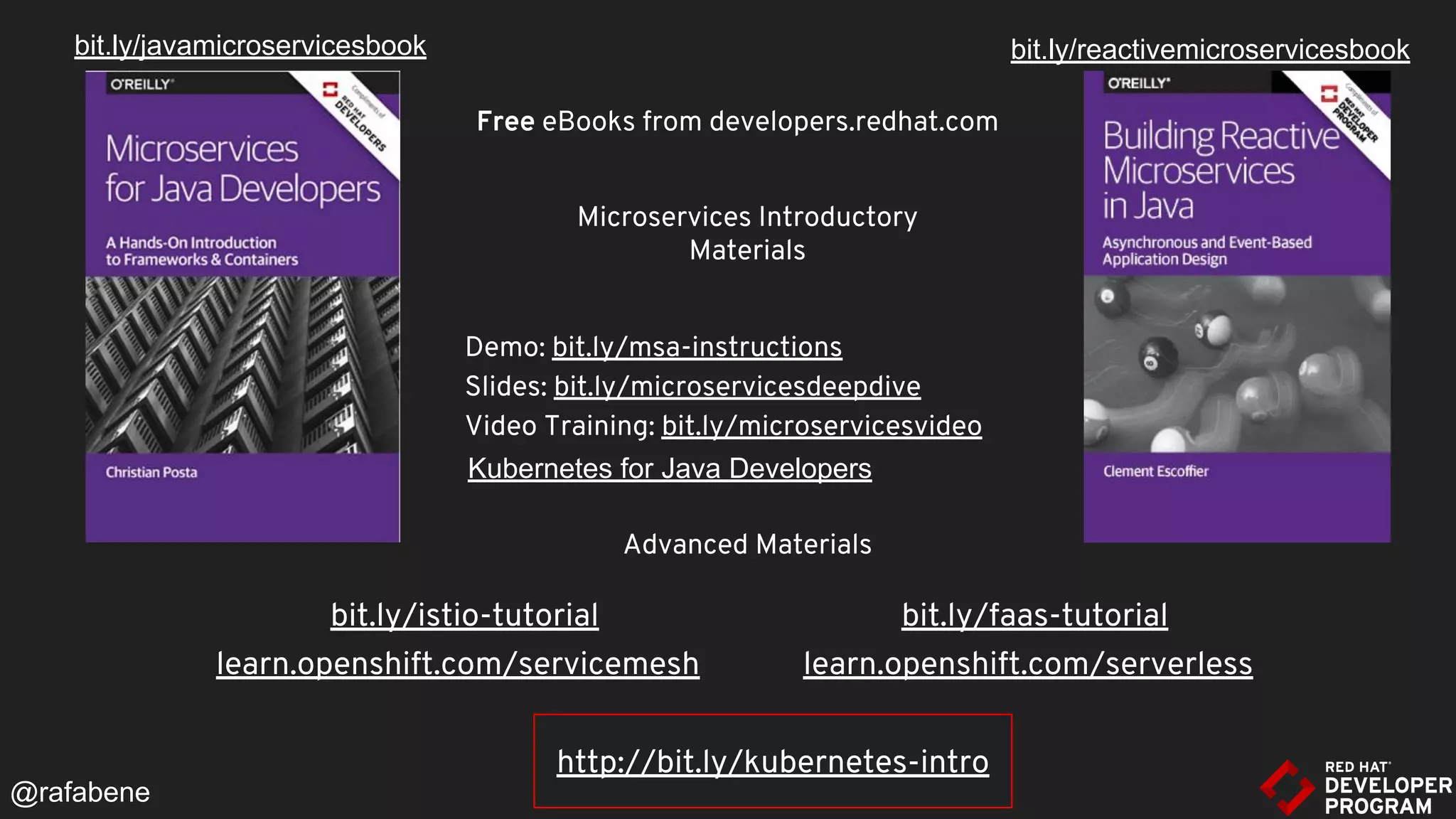 Demo: bit.ly/msa-instructions
Slides: bit.ly/microservicesdeepdive
Video Training: bit.ly/microservicesvideo
Free eBooks from developers.redhat.com
bit.ly/reactivemicroservicesbook
bit.ly/javamicroservicesbook
Microservices Introductory
Materials
@rafabene
Advanced Materials
bit.ly/istio-tutorial
http://bit.ly/kubernetes-intro
Kubernetes for Java Developers
learn.openshift.com/servicemesh
bit.ly/faas-tutorial
learn.openshift.com/serverless
 