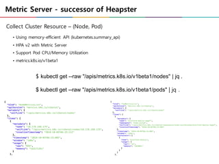 Metric Server - successor of Heapster
• Using memory-efficient API (kubernetes.summary_api)
• HPA v2 with Metric Server
• Support Pod CPU/Memory Utilization
• metrics.k8s.io/v1beta1
Collect Cluster Resource – (Node, Pod)
$ kubectl get --raw "/apis/metrics.k8s.io/v1beta1/nodes" | jq .
$ kubectl get --raw "/apis/metrics.k8s.io/v1beta1/pods" | jq .
 