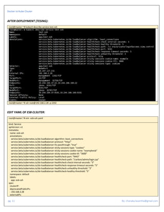Docker to Kube Clsuter
pg. 11 By: chanaka.lasantha@gmail.com
AFTER DEPLOYMENT (TESING):
root@master:~# kubectl describe service test-ssh
root@master:~# ssh root@192.168.2.28 -p 2202
EDIT YAML OF ESB CLSUTER:
root@master:~# vim esb-ssh.yaml
kind: Service
apiVersion: v1
metadata:
name: esb-ssh
annotations:
service.beta.kubernetes.io/do-loadbalancer-algorithm: least_connections
service.beta.kubernetes.io/do-loadbalancer-protocol: "https"
service.beta.kubernetes.io/do-loadbalancer-tls-passthrough: "true"
service.beta.kubernetes.io/do-loadbalancer-sticky-sessions-type: "cookies"
service.beta.kubernetes.io/do-loadbalancer-sticky-sessions-cookie-name: "exampleesb"
service.beta.kubernetes.io/do-loadbalancer-sticky-sessions-cookie-ttl: "3600"
service.beta.kubernetes.io/do-loadbalancer-healthcheck-port: "9443"
service.beta.kubernetes.io/do-loadbalancer-healthcheck-path: "/carbon/admin/login.jsp"
service.beta.kubernetes.io/do-loadbalancer-healthcheck-check-interval-seconds: "3"
service.beta.kubernetes.io/do-loadbalancer-healthcheck-response-timeout-seconds: "5"
service.beta.kubernetes.io/do-loadbalancer-healthcheck-unhealthy-threshold: "3"
service.beta.kubernetes.io/do-loadbalancer-healthcheck-healthy-threshold: "5"
namespace: default
labels:
app: esb-ssh
spec:
clusterIP:
deprecatedPublicIPs:
- 192.168.2.28
externalIPs:
 