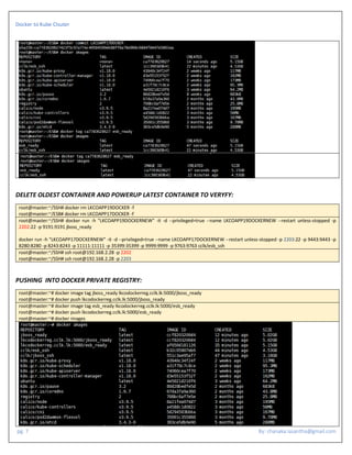 Docker to Kube Clsuter
pg. 7 By: chanaka.lasantha@gmail.com
DELETE OLDEST CONTAINER AND POWERUP LATEST CONTAINER TO VERYFY:
root@master:~/SSH# docker rm LKCOAPP19DOCKER -f
root@master:~/ESB# docker rm LKCOAPP17DOCKER -f
root@master:~/SSH# docker run -h "LKCOAPP19DOCKERNEW" -it -d --privileged=true --name LKCOAPP19DOCKERNEW --restart unless-stopped -p
2202:22 -p 9191:9191 jboss_ready
docker run -h "LKCOAPP17DOCKERNEW" -it -d --privileged=true --name LKCOAPP17DOCKERNEW --restart unless-stopped -p 2203:22 -p 9443:9443 -p
8280:8280 -p 8243:8243 -p 11111:11111 -p 35399:35399 -p 9999:9999 -p 9763:9763 cclk/esb_ssh
root@master:~/SSH# ssh root@192.168.2.28 -p 2202
root@master:~/SSH# ssh root@192.168.2.28 -p 2203
PUSHING INTO DOCKER PRIVATE REGISTRY:
root@master:~# docker image tag jboss_ready lkcodockerreg.cclk.lk:5000/jboss_ready
root@master:~# docker push lkcodockerreg.cclk.lk:5000/jboss_ready
root@master:~# docker image tag esb_ready lkcodockerreg.cclk.lk:5000/esb_ready
root@master:~# docker push lkcodockerreg.cclk.lk:5000/esb_ready
root@master:~# docker images
 