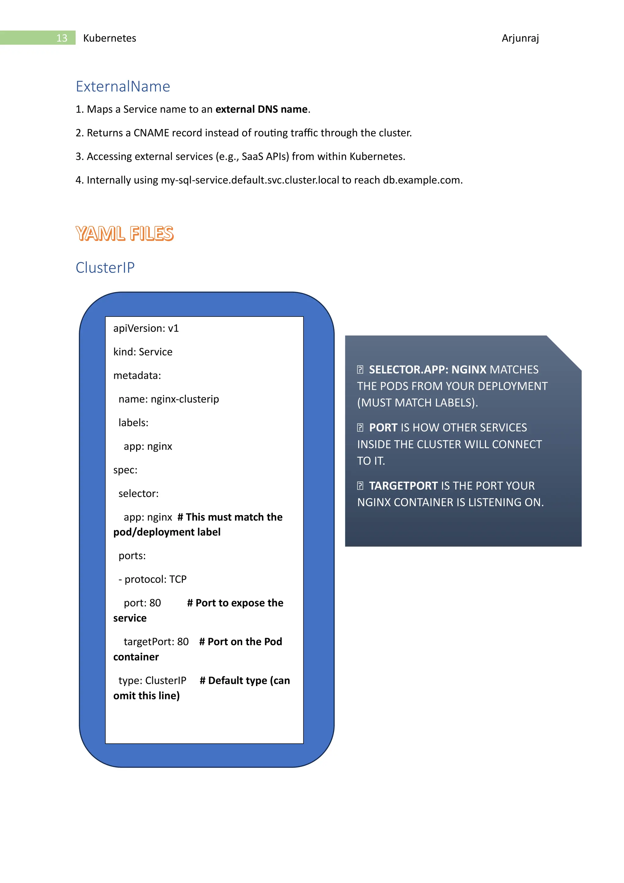 13 Kubernetes Arjunraj ExternalName 1. Maps a Service name to an external DNS name. 2. Returns a CNAME record instead of routing traffic through the cluster. 3. Accessing external services (e.g., SaaS APIs) from within Kubernetes. 4. Internally using my-sql-service.default.svc.cluster.local to reach db.example.com. YAML FILES ClusterIP apiVersion: v1 kind: Service metadata: name: nginx-clusterip labels: app: nginx spec: selector: app: nginx # This must match the pod/deployment label ports: - protocol: TCP port: 80 # Port to expose the service targetPort: 80 # Port on the Pod container type: ClusterIP # Default type (can omit this line) SELECTOR.APP: NGINX MATCHES THE PODS FROM YOUR DEPLOYMENT (MUST MATCH LABELS). PORT IS HOW OTHER SERVICES INSIDE THE CLUSTER WILL CONNECT TO IT. TARGETPORT IS THE PORT YOUR NGINX CONTAINER IS LISTENING ON. 