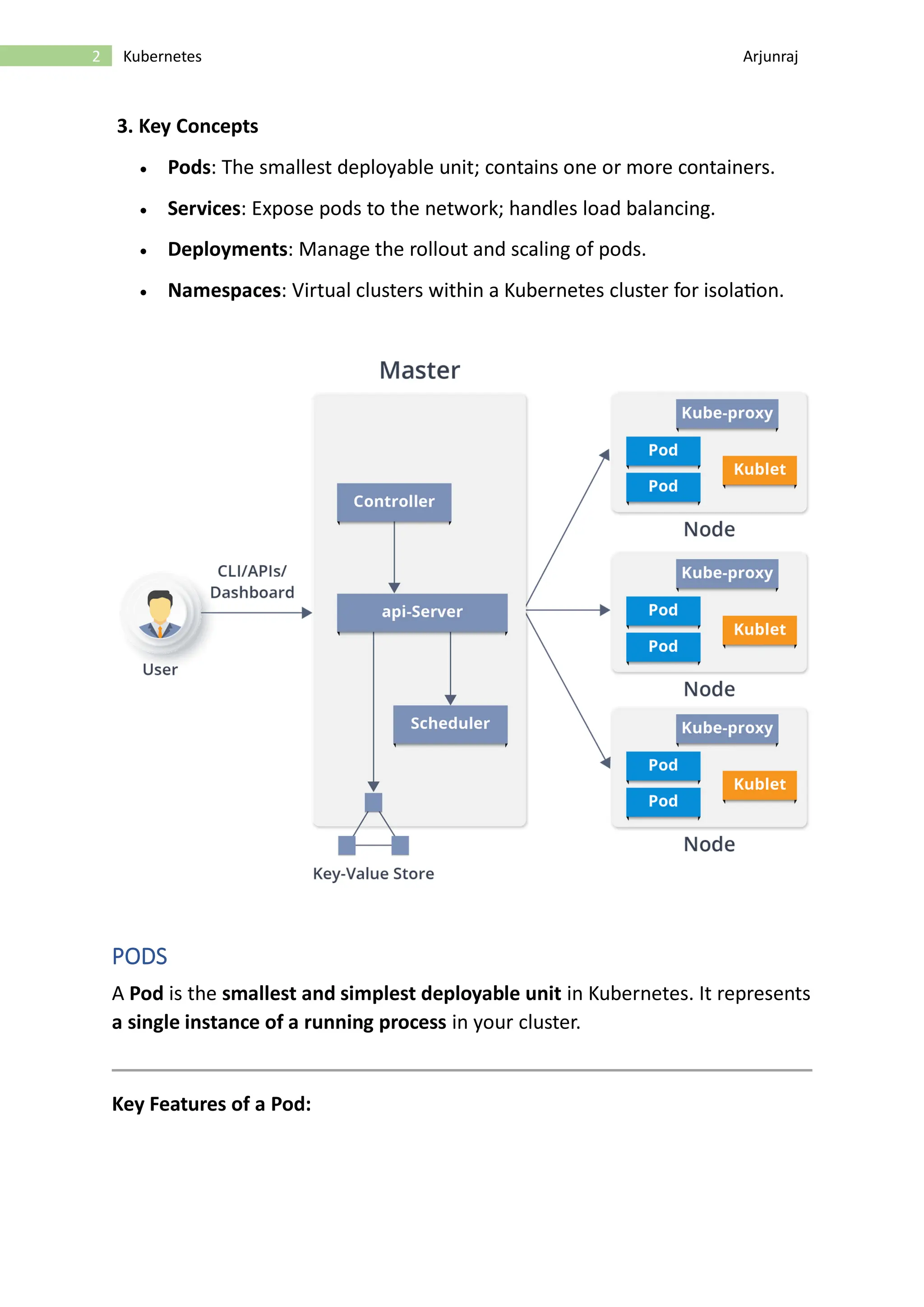 2 Kubernetes Arjunraj 3. Key Concepts • Pods: The smallest deployable unit; contains one or more containers. • Services: Expose pods to the network; handles load balancing. • Deployments: Manage the rollout and scaling of pods. • Namespaces: Virtual clusters within a Kubernetes cluster for isolation. PODS A Pod is the smallest and simplest deployable unit in Kubernetes. It represents a single instance of a running process in your cluster. Key Features of a Pod: 