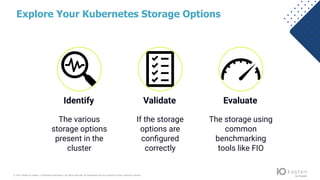 © 2021 Kasten by Veeam. Confidential information. All rights reserved. All trademarks are the property of their respective owners.
Explore Your Kubernetes Storage Options
Identify Validate Evaluate
The various
storage options
present in the
cluster
If the storage
options are
conﬁgured
correctly
The storage using
common
benchmarking
tools like FIO
 