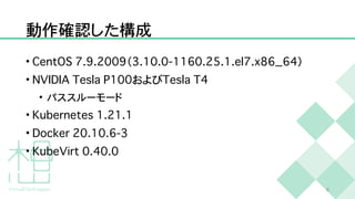 動作確認した構成
•
C
e
n
t
O
S
7
.
9
.
2
0
0
9
（
3
.
1
0
.
0
-
1
1
6
0
.
2
5
.
1
.
e
l
7
.
x
8
6
_
6
4
）


•
N
V
I
D
I
A
T
e
s
l
a
P
1
0
0
および
T
e
s
l
a
T
4


• パススルーモード


•
K
u
b
e
r
n
e
t
e
s
1
.
2
1
.
1


•
D
o
c
k
e
r
2
0
.
1
0
.
6
-
3


•
K
u
b
e
V
i
r
t
0
.
4
0
.
0
8
 