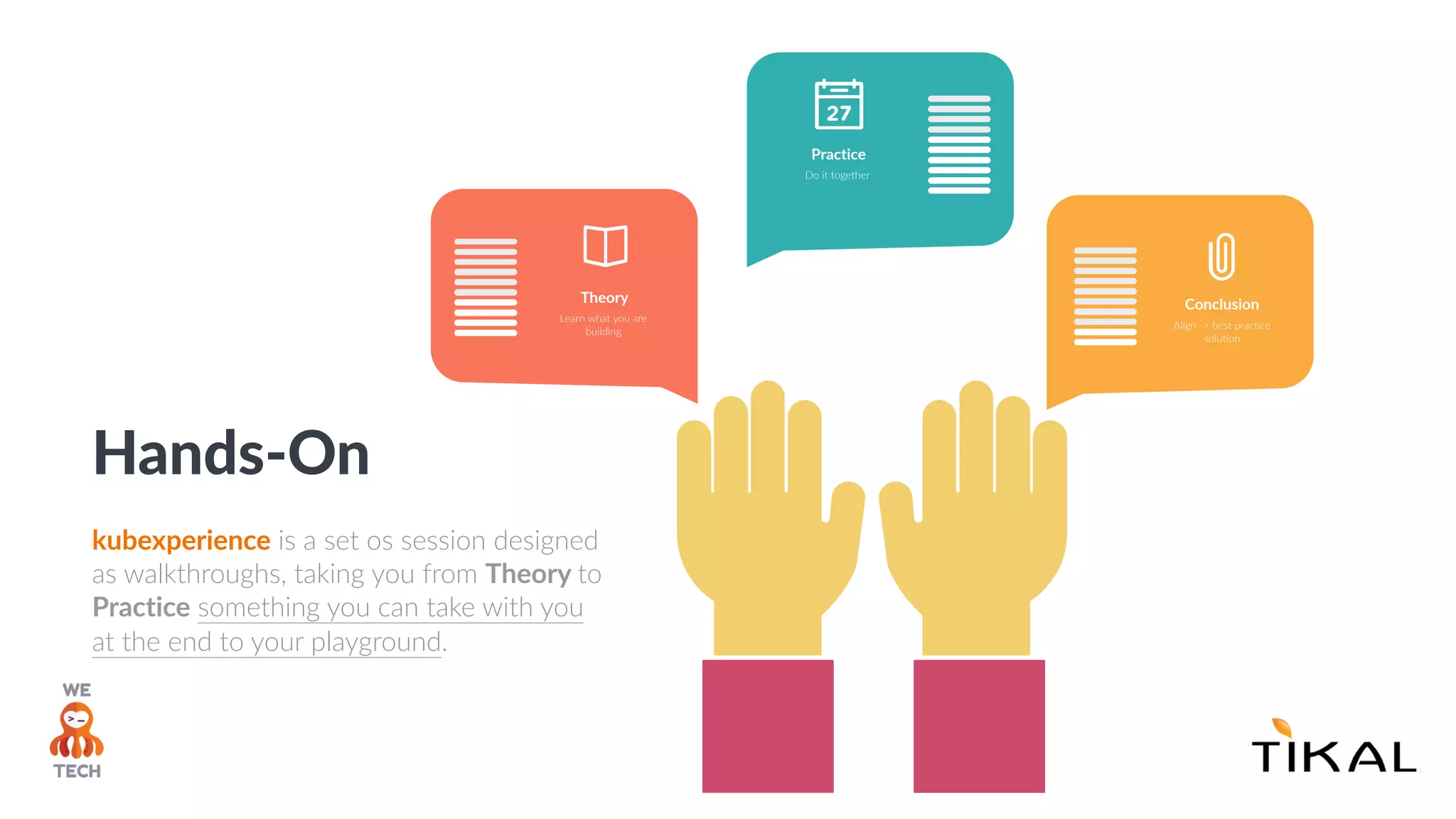 Theory
Learn what you are
building
Practice
Do it together
Conclusion
Align -> best practice
solution
Hands-On
kubexperience is a set os session designed
as walkthroughs, taking you from Theory to
Practice something you can take with you
at the end to your playground.
 