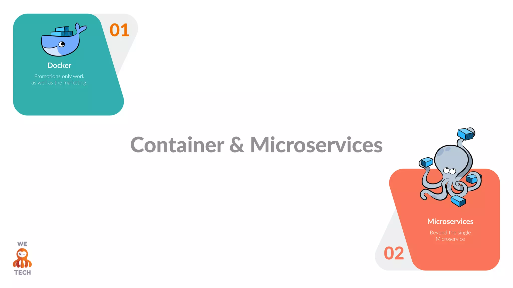 Container & Microservices
Docker
Promotions only work
as well as the marketing.
01
02
Microservices
Beyond the single
Microservice
 