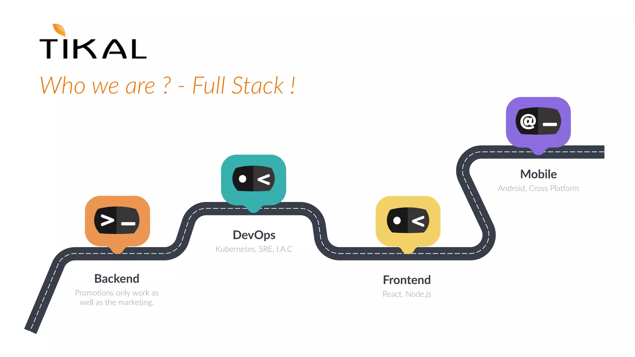 Who we are ? - Full Stack !
Backend
Promotions only work as
well as the marketing.
DevOps
Kubernetes, SRE, I.A.C
Frontend
React, Node.js
Mobile
Android, Cross Platform
 